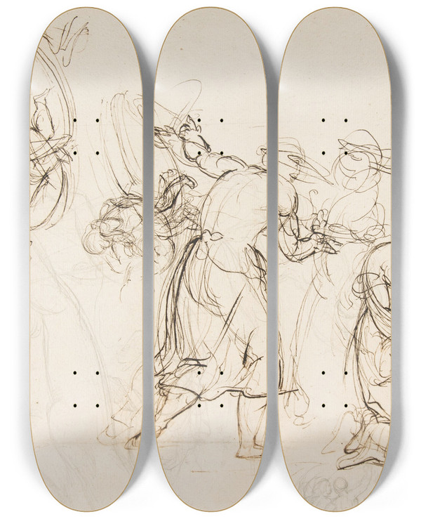 Triptych art skateboard deck of Christian Gottlieb Schick Sketch For The Judgment Of Solomon by Christian Gottlieb Schick (1776-1812)