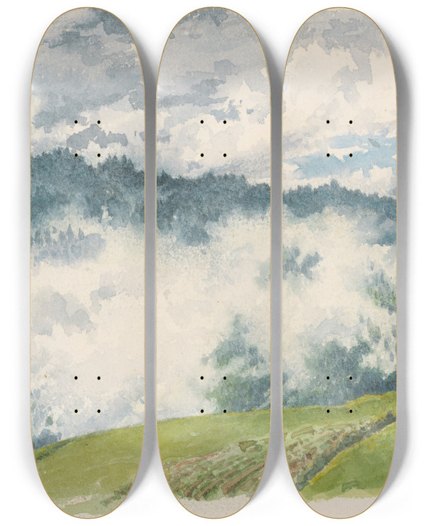 Triptych art skateboard deck of Friedrich Carl Von Scheidlin Mountain Landscape In Mist by Friedrich Carl Von Scheidlin (1822-1913)