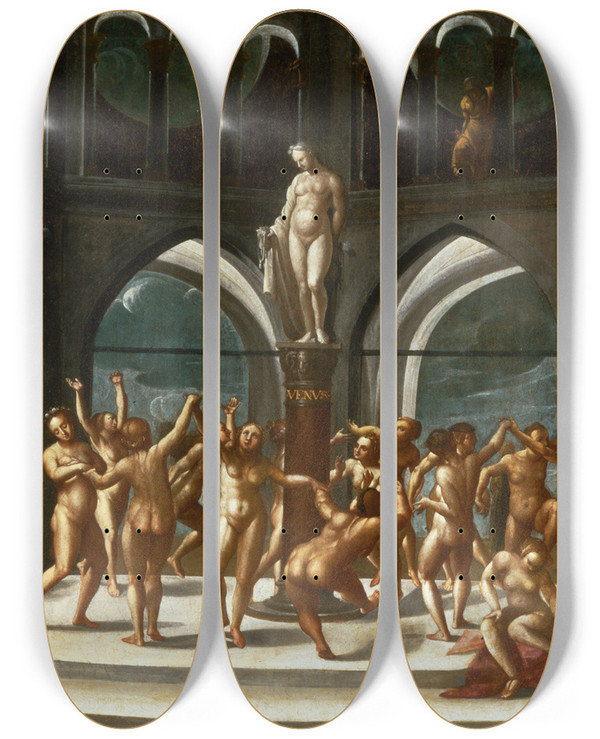 Triptych art skateboard deck of Hans Bock The Elder Dance Around The Statue Of Venus by Hans Bock The Elder (1550-1624)