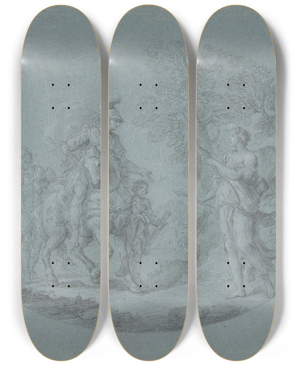 Triptych art skateboard deck of Stefano Pozzi Venus Disguised As A Huntress Appears To Aeneas Aeneid I 305 Ff by Stefano Pozzi (1699-1768)