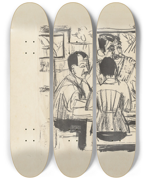 Triptych art skateboard deck of Ernst Ludwig Kirchner Karten Spielende Bauern by Ernst Ludwig Kirchner (1880-1938)
