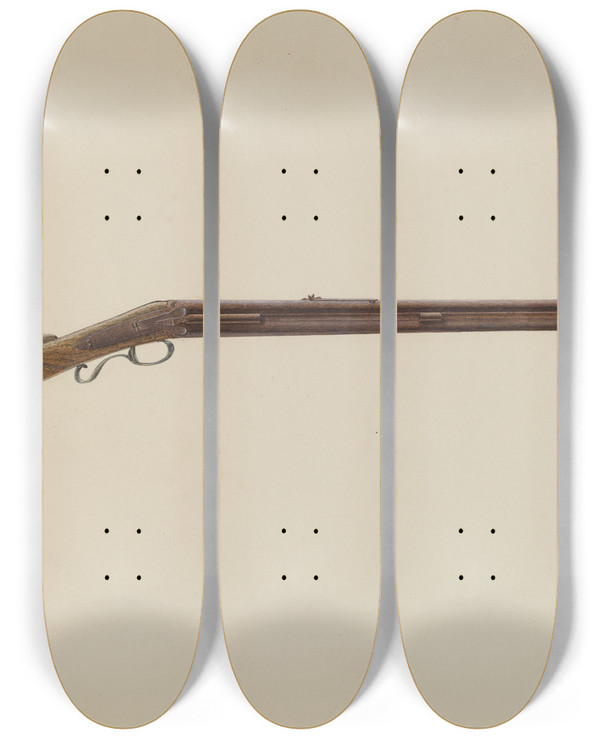 Triptych art skateboard deck of Samuel Faigin Gun by Samuel Faigin