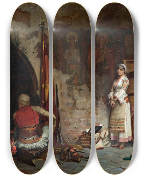 Triptych art skateboard deck of Theodoros Ralli The Captive Turkish Plunder by Theodoros Ralli (1852-1909)