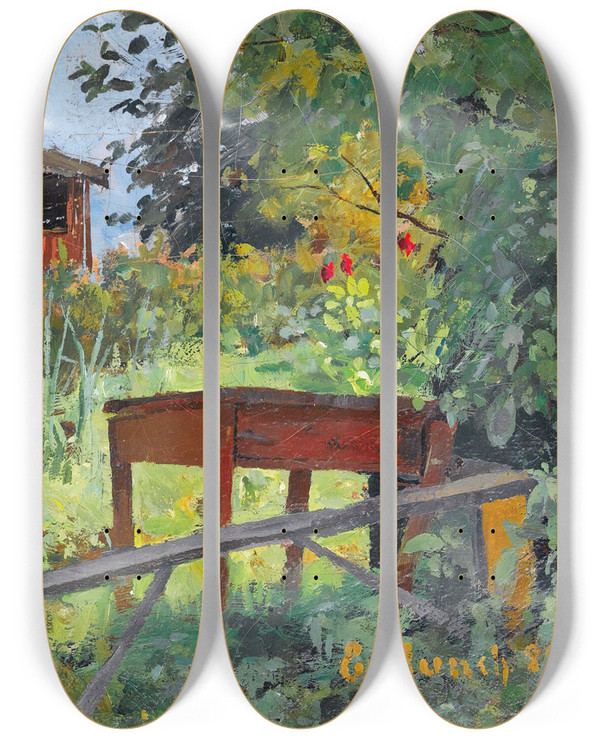 Triptych art skateboard deck of Edvard Munch Garden With Red House by Edvard Munch (1863-1944)