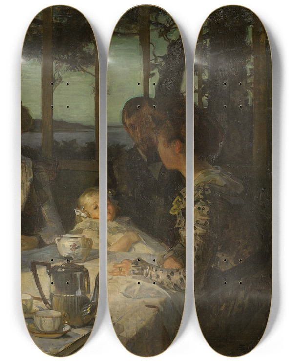 Triptych art skateboard deck of Lucien Simon Talking In The Twilight by Lucien Simon (1861-1945)