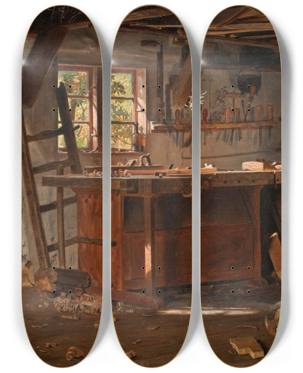 Triptych art skateboard deck of Christen Dalsgaard A Carpenters Workshop by Christen Dalsgaard (1824-1907)