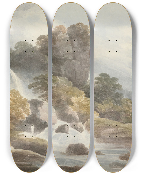 Triptych art skateboard deck of Francis Nicholson Waterfall by Francis Nicholson (1753-1844)