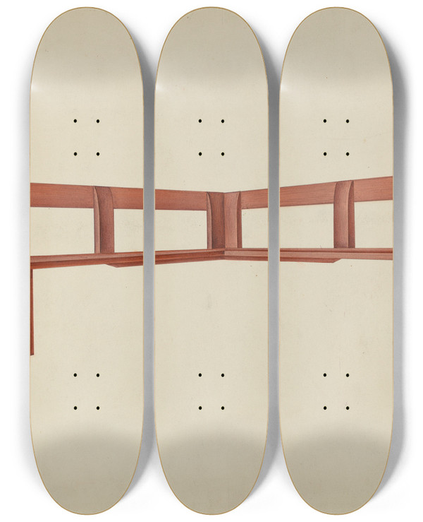 Triptych art skateboard deck of Lon Cronk Shaker Porch Bench by Lon Cronk