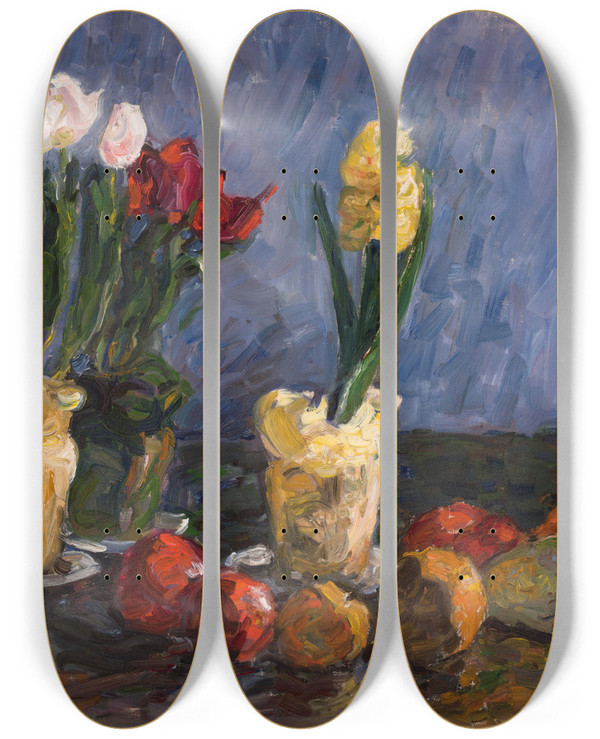 Triptych art skateboard deck of Paul Burman Still Life Flowers by Paul Burman