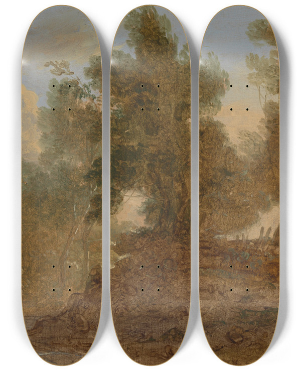 Triptych art skateboard deck of Benjamin Barker A Landscape At Wick Gloucestershire Below The Rocks by Benjamin Barker (1776-1838)