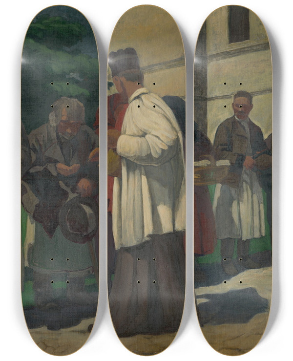 Triptych art skateboard deck of Jozef Hanula Alms by Jozef Hanula (1863-1944)