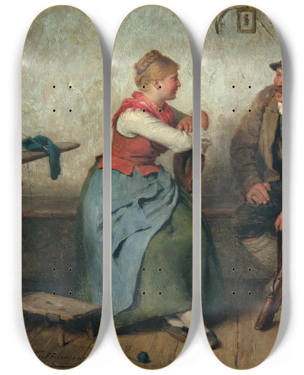 Triptych art skateboard deck of Hugo Kauffmann Plauderstunde by Hugo Kauffmann (1844-1915)