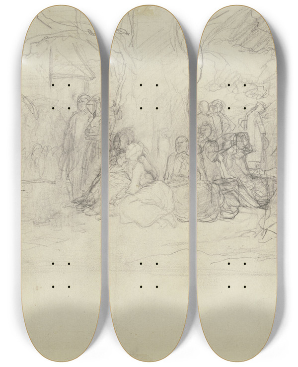 Triptych art skateboard deck of Jakob Becker Versammlung Unter Einem Alten Baum by Jakob Becker (1810-1872)