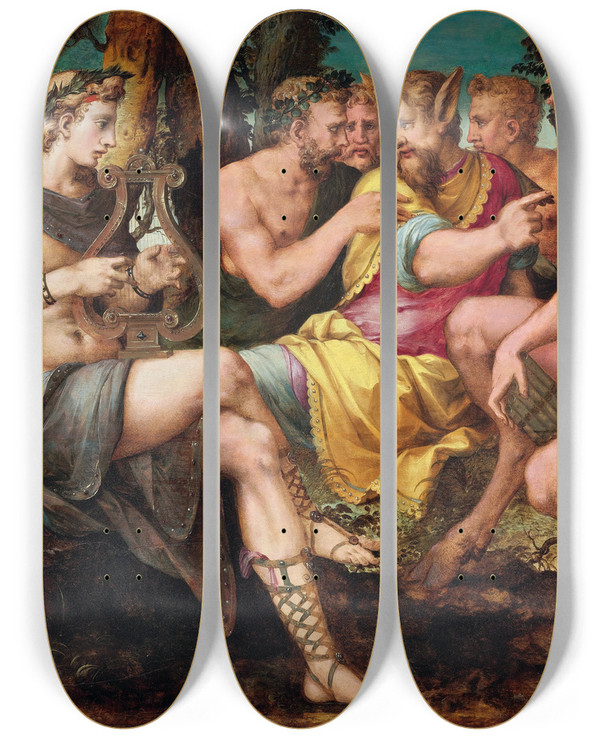 Triptych art skateboard deck of Francesco Primaticcio The Judgment Of Midas by Francesco Primaticcio (1504-1570)