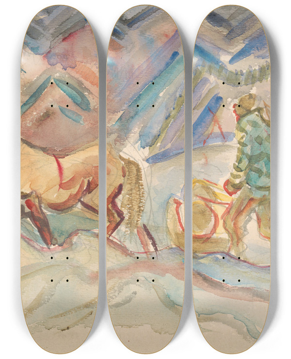 Triptych art skateboard deck of Arnold Peter Weiszkubnan Timber Transport by Arnold Peter Weisz-Kubnan (1898-1944)