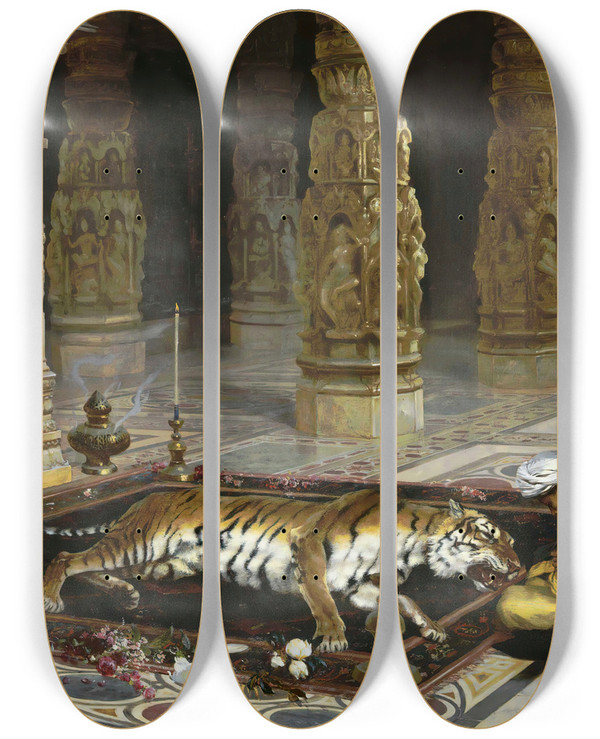 Triptych art skateboard deck of Rudolf Ernst Honoring The Tiger by Rudolf Ernst (1854-1932)