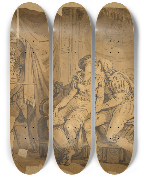 Triptych art skateboard deck of Bartolomeo Pinelli Paolo And Francesca by Bartolomeo Pinelli (1781-1835)