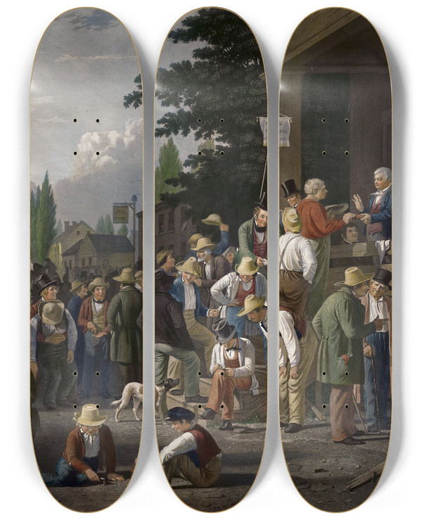 Triptych art skateboard deck of John Sartain County Election by John Sartain (1808-1897)