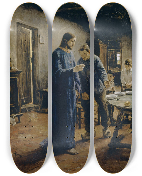 Triptych art skateboard deck of Fritz Von Uhde The Mealtime Prayer by Fritz Von Uhde (1848-1911)