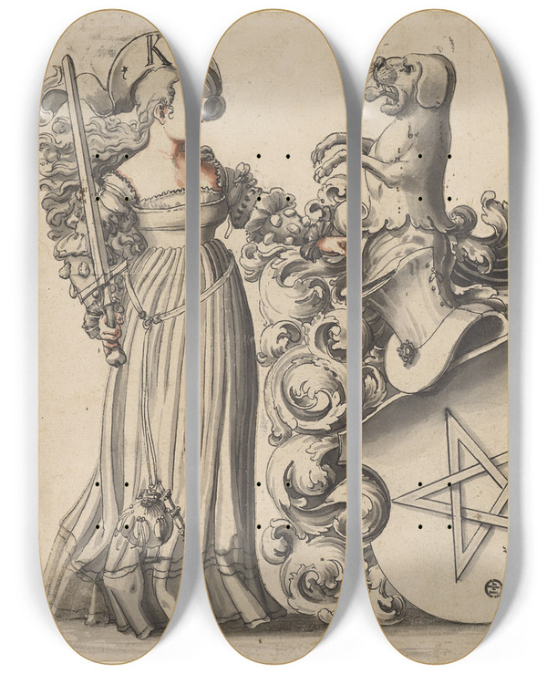 Triptych art skateboard deck of Carl Von Aegeri Zwei Stehende Damen Mit Wappen by Carl Von Aegeri (1510-1562)