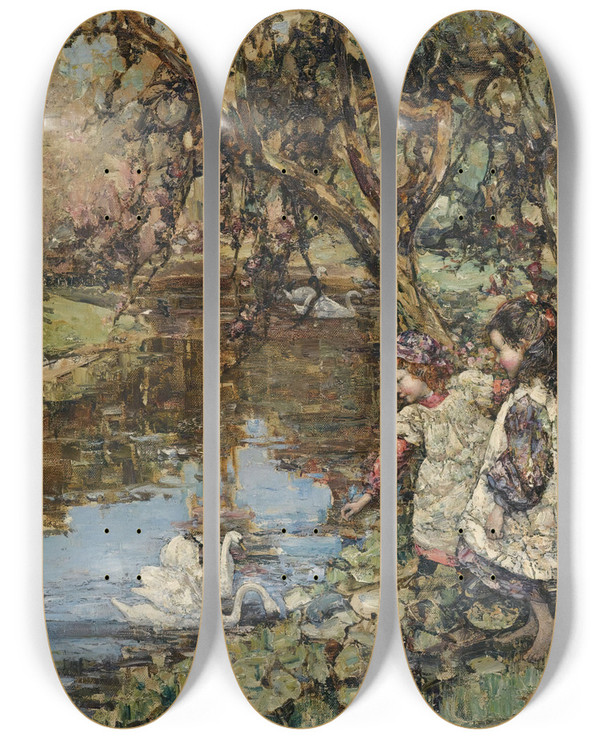 Triptych art skateboard deck of Edward Atkinson Hornel Feeding The Swans by Edward Atkinson Hornel (1864-1933)