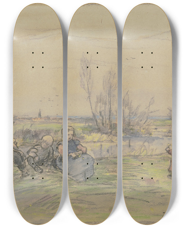 Triptych art skateboard deck of Ferdinand Balzer Children At The Stream by Ferdinand Balzer (1872-1916)