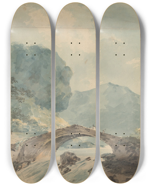 Triptych art skateboard deck of William Sawrey Gilpin Bridge Crossing River by William Sawrey Gilpin (1762-1843)