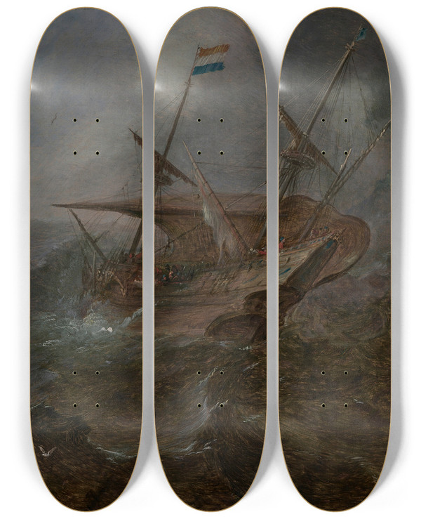 Triptych art skateboard deck of Andries Van Eertvelt A Dutch Merchant In Rough Seas Off A Headland by Andries Van Eertvelt (1590-1652)