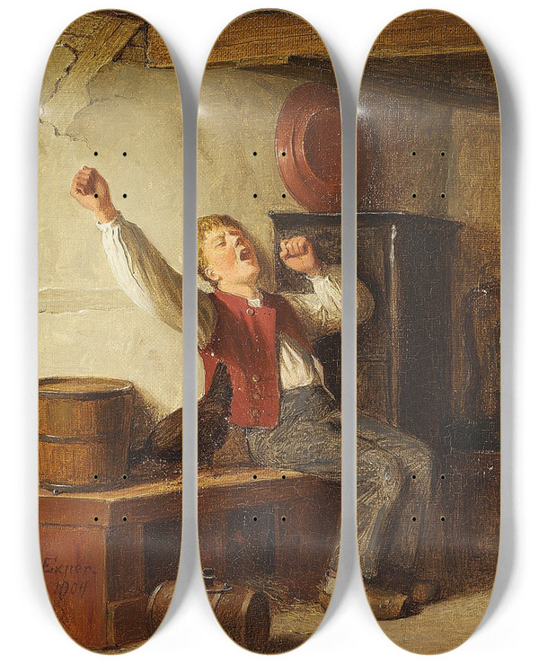 Triptych art skateboard deck of Julius Exner Den Dovne Dreng by Julius Exner (1825-1910)