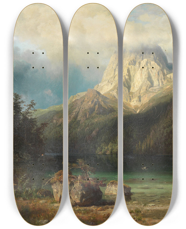 Triptych art skateboard deck of August Wilhelm Leu Gebirgslandschaft by August Wilhelm Leu (1819-1897)