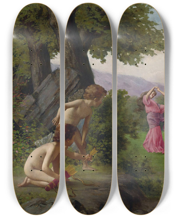 Triptych art skateboard deck of Vittorio Reggianini Spying Their Target by Vittorio Reggianini (1858-1938)
