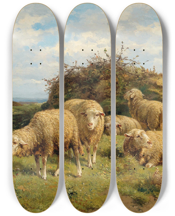 Triptych art skateboard deck of Cornelius Van Leemputten Sheep In A Meadow_1 by Cornelius Van Leemputten (1841-1902)