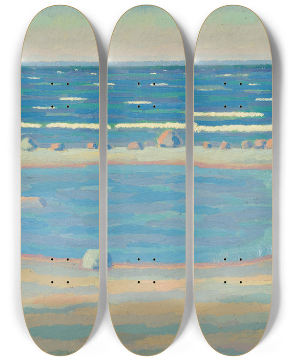 Triptych art skateboard deck of Helge Johansson Beach Land by Helge Johansson (1886-1926)