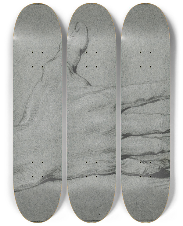 Triptych art skateboard deck of Jacob De Wit Study Of A Hand With Stretched Fingers by Jacob de Wit (1695-1754)