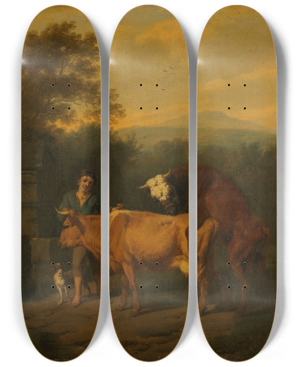 Triptych art skateboard deck of Dirck Van Bergen Landscape With Herdsman And Cattle by Dirck Van Bergen (1645-1690)