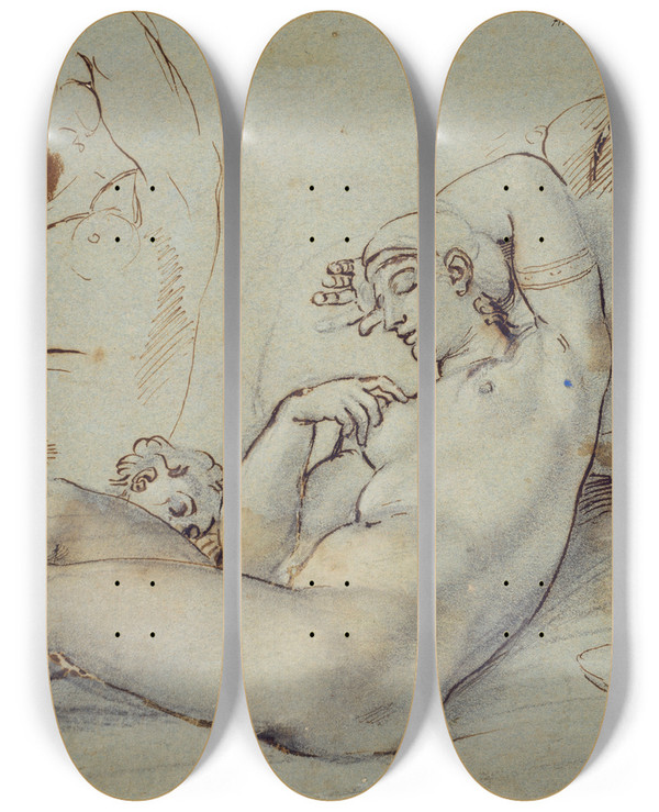 Triptych art skateboard deck of Annibale Carracci Study Of Venus At Rest by Annibale Carracci (1560-1609)
