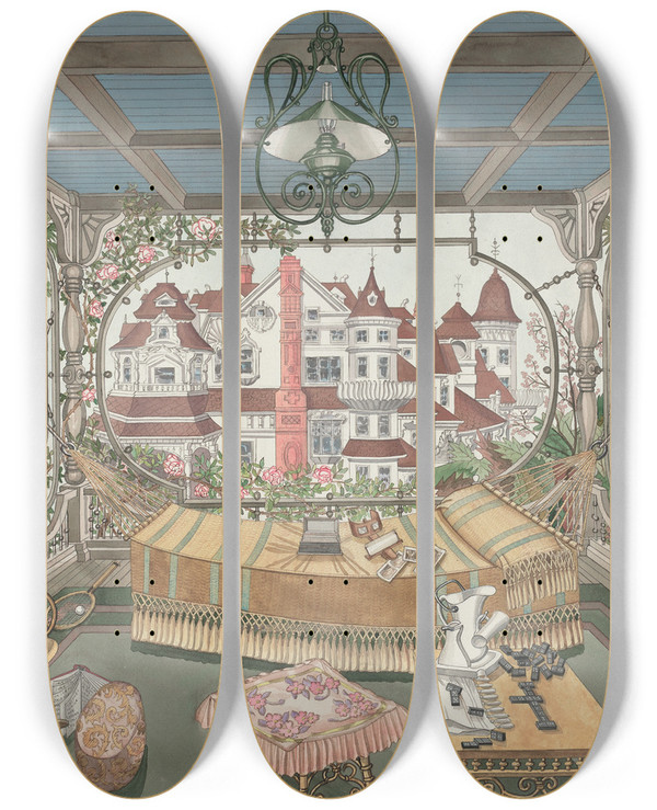 Triptych art skateboard deck of Perkins Harnly Veranda 1885 by Perkins Harnly (1901-1986)