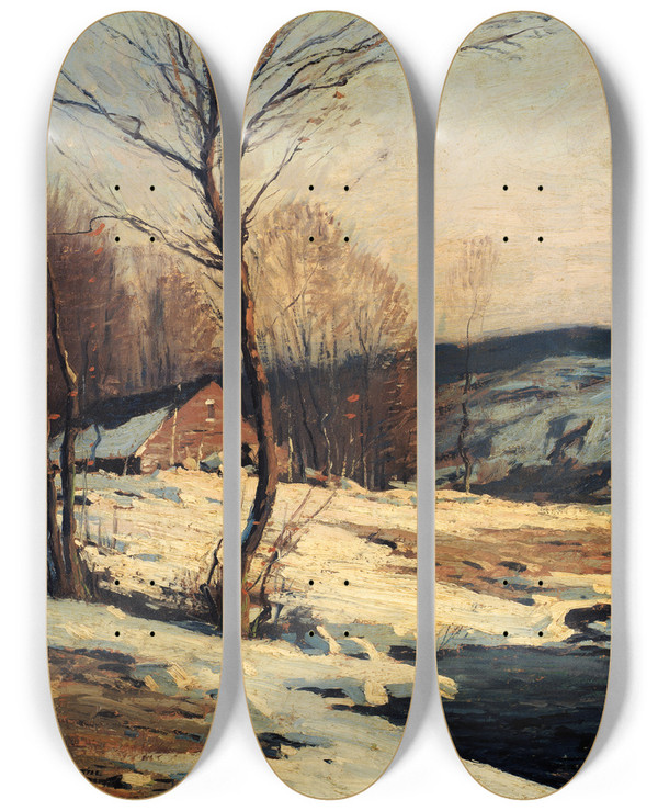 Triptych art skateboard deck of George M Bruestle Late Afternoon by George M Bruestle (1871-1939)