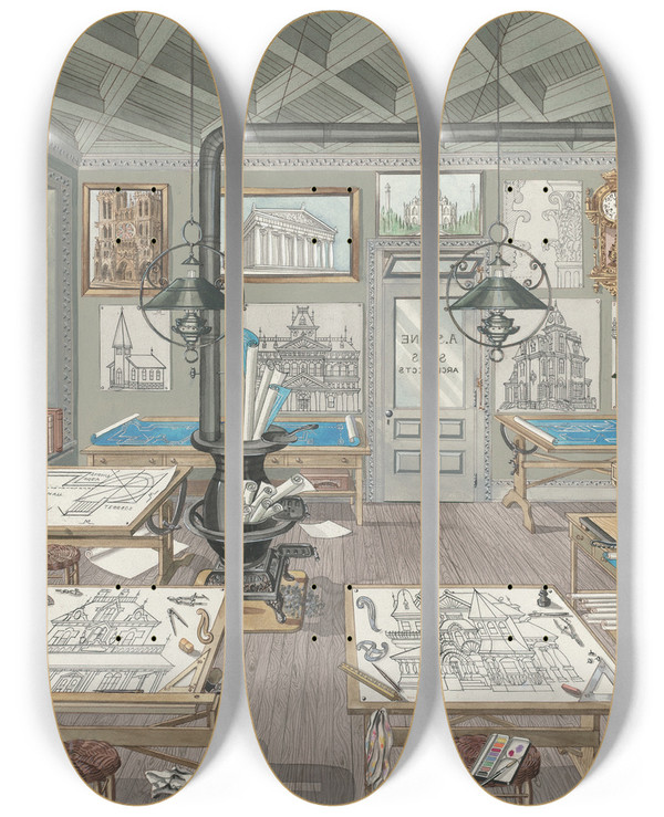 Triptych art skateboard deck of Perkins Harnly Architects Drafting Room 1884 by Perkins Harnly (1901-1986)