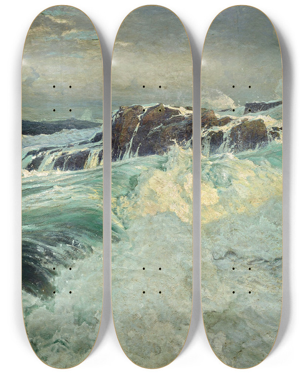 Triptych art skateboard deck of Frederick Judd Waugh Roaring Main 1909 by Frederick Judd Waugh (1861-1940)