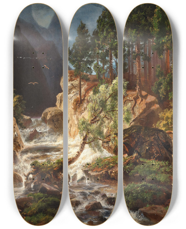 Triptych art skateboard deck of George Jabin A Rushing Mountain Stream by George Jabin