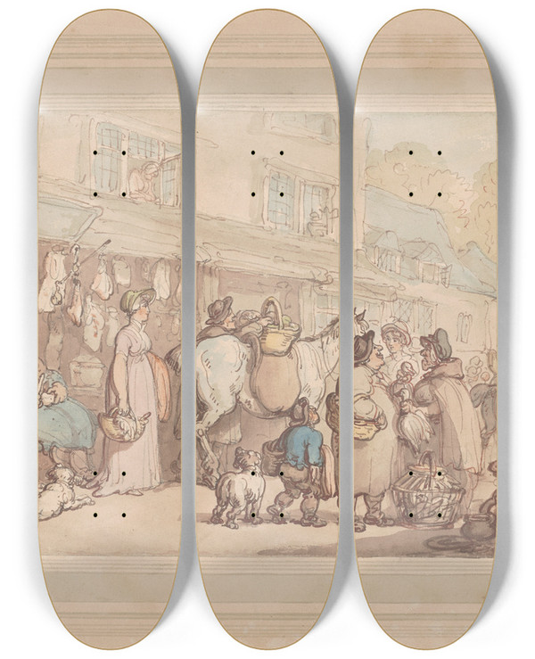 Triptych art skateboard deck of Thomas Rowlandson Market Day by Thomas Rowlandson (1756-1827)