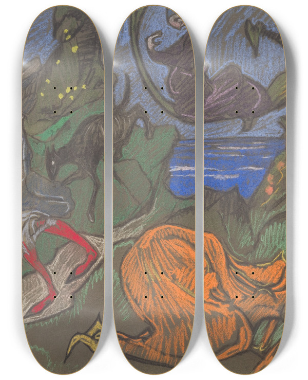Triptych art skateboard deck of Stanisaw Ignacy Witkiewicz Composition With Figures Running Around by Stanislaw Ignacy Witkiewicz (1885-1939)