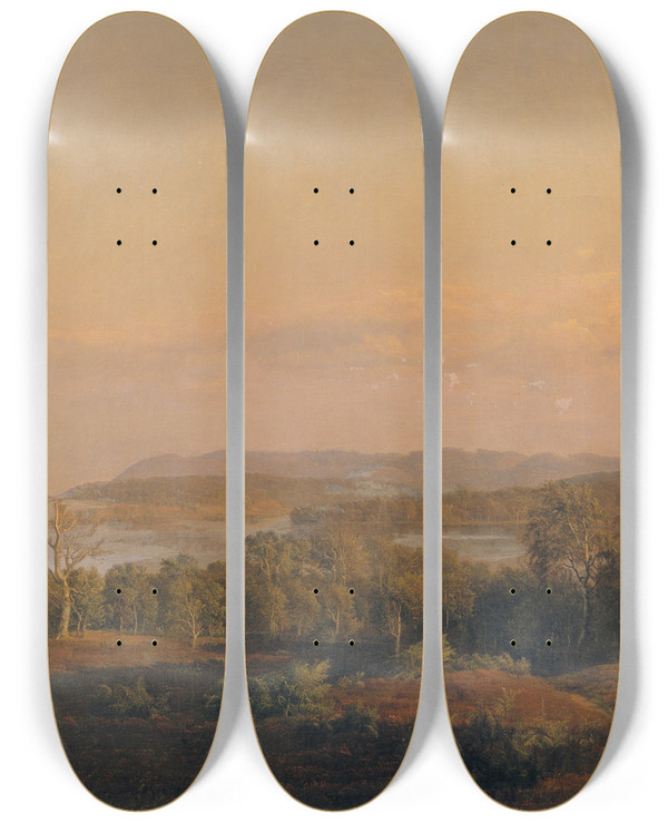 Triptych art skateboard deck of Dankvart Dreyer A View Towards Himmelbjerget Jutland Evening by Dankvart Dreyer (1816-1852)