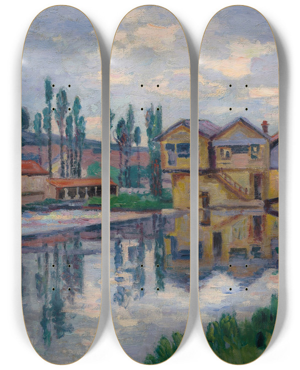 Triptych art skateboard deck of Armand Guillaumin La Scierie De Poitiers by Armand Guillaumin (1841-1927)