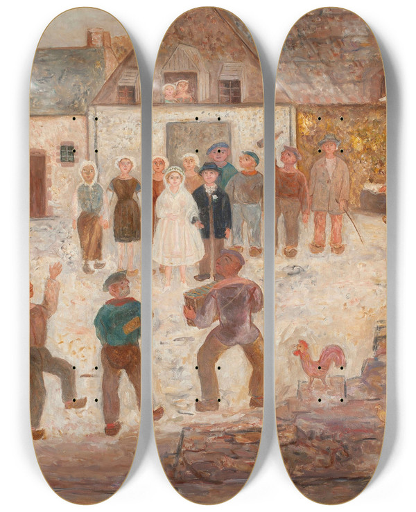 Triptych art skateboard deck of Tadeusz Makowski Wedding In A Village by Tadeusz Makowski (1882-1932)