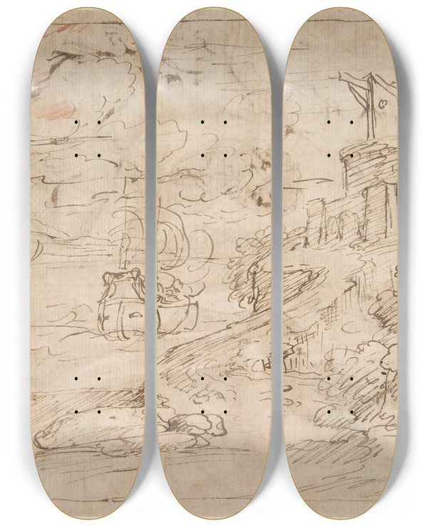 Triptych art skateboard deck of Giuseppe Passeri Figure Waving To Departing Ship by Giuseppe Passeri (1654-1714)
