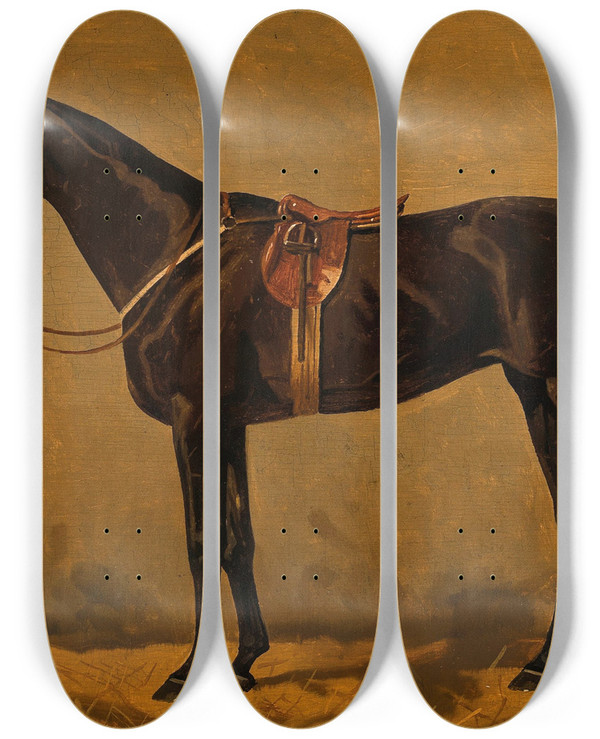 Triptych art skateboard deck of Emil Volkers A Bay Horse In A Stable_1 by Emil Volkers (1831-1905)