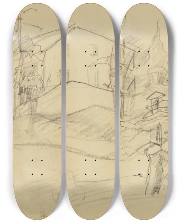 Triptych art skateboard deck of Anny Dollschein Haus Im Wald_2 by Anny Dollschein (1893-1946)
