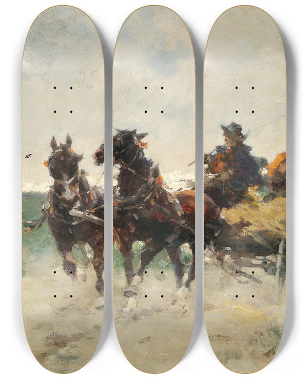 Triptych art skateboard deck of Alfredo Tominz Returning Home From The Fields by Alfredo Tominz (1854-1936)